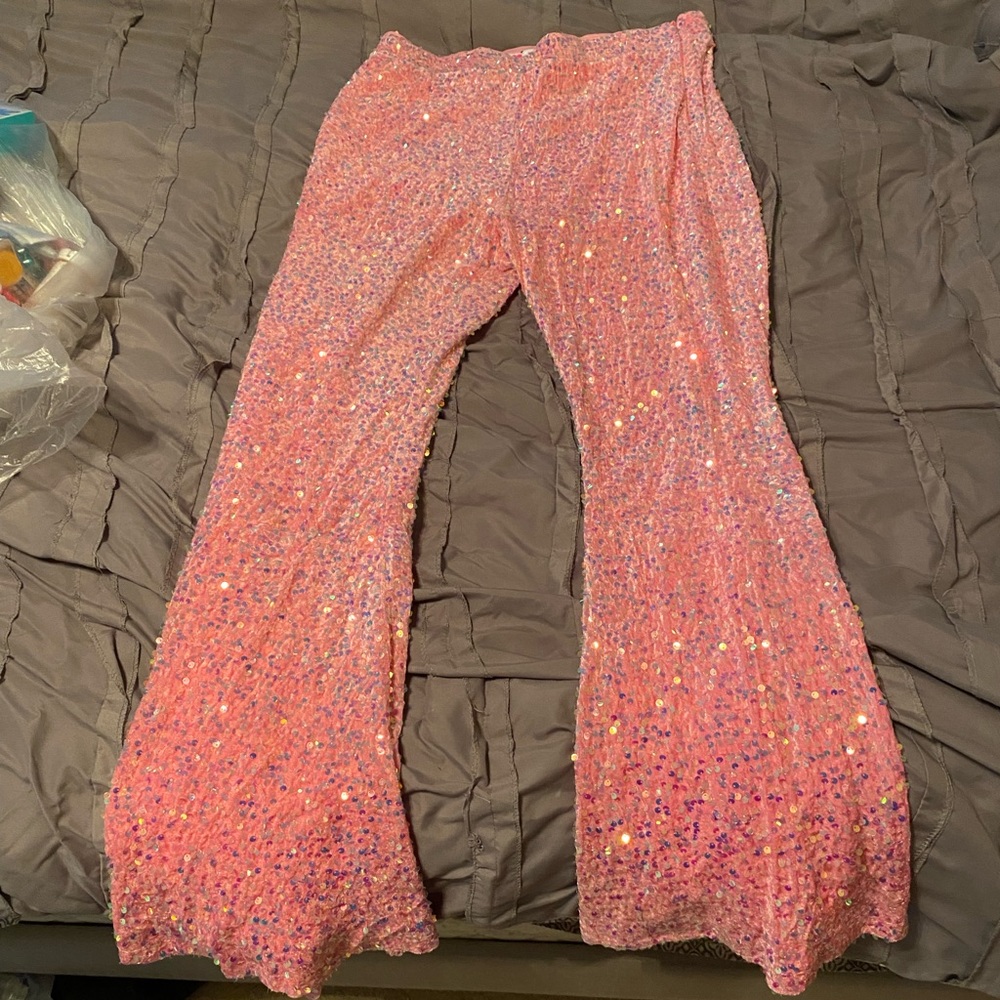 Pink sequin flare pants